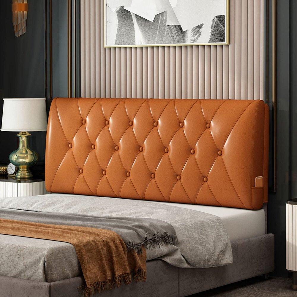 Bright Leather Bedside Cushion Large Bed Backrest Headboard Cushion Support Lumbar Cushion Bolster for Daybed Bed Bunk Bed with Removable Cover,Orange,47.2"/120cm(Twin)