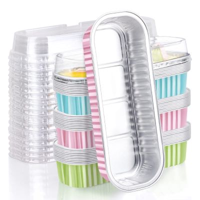 EUSOAR Cupcake Liners with Lids, 30pcs 6.8oz Aluminum Foil Ramekins Mini Loaf Pans Tin Disposable, Cupcake Baking Cups Containers Wrappers, Dessert Cheesecake Creme Brulee Ramekins Pan