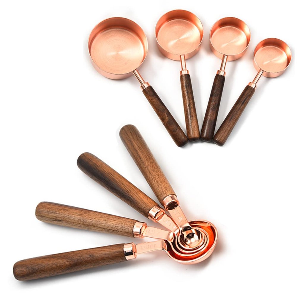 8pcs Measuring Cups And Spoons Set Stainless Steel Dishwasher Safe Rose Wood Handle Gold Color For Cooking Baking