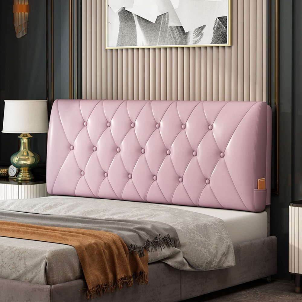 Bright Leather Bedside Cushion Large Bed Backrest Headboard Cushion Support Lumbar Cushion Bolster for Daybed Bed Bunk Bed with Removable Cover,Pink,47.2"/120cm(Twin)
