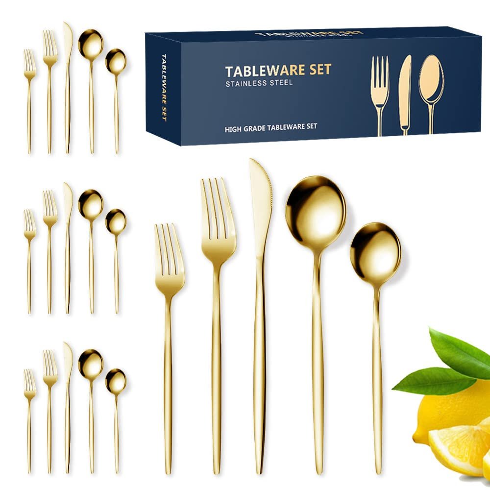 TWEE 30 Piece Gold Silverware Set for 6, Premium Flatware Cutlery Set Stainless Steel Cutlery Set Kitchen Utensils for Home Hotel Restaurant Wedding Gift, Mirror Polished