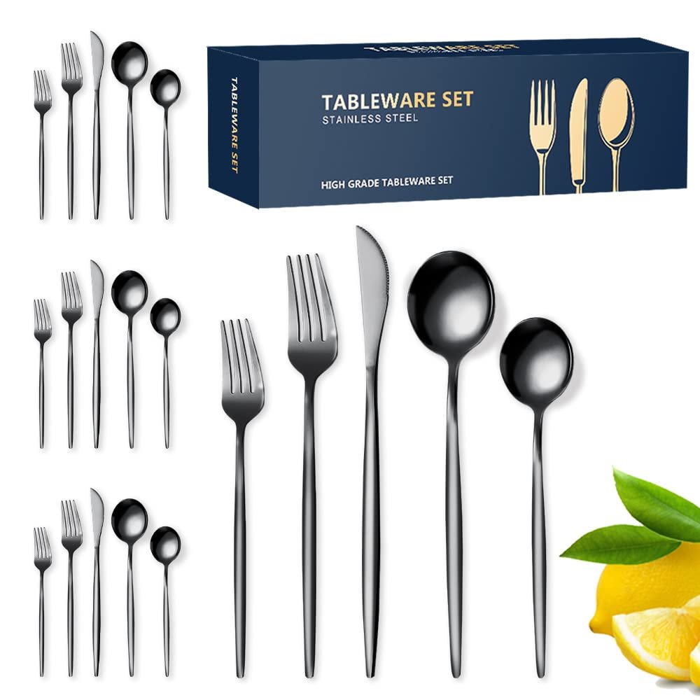 TWEE 30 Piece Black Silverware Set for 6, Premium Flatware Cutlery Set Stainless Steel Cutlery Set Kitchen Utensils for Home Hotel Restaurant Wedding Gift, Mirror Polished