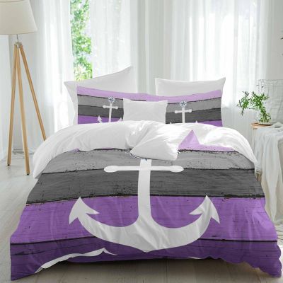 4 Piece Bedding Set California King, Purple Grey Ombre Wood Quilt Set with Pillow Sham & Sheet, Beach Nautical Anchor Ocean Coastal Breathable Microfiber Coverlet Bedding Set for All Season Use