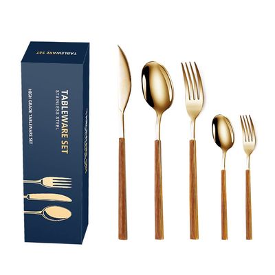 Silverware Set for 6, Modern 30-Piece Flatware Set Stainless Steel Cutlery Set with Wooden Handles, Kitchen Utensils for Home Hotel Restaurant Wedding Gift, Mirror Polished Gold