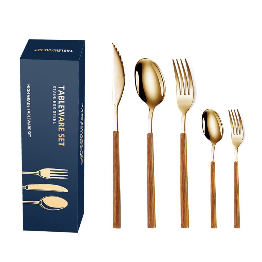 Silverware Set for 6, Modern 30-Piece Flatware Set Stainless Steel Cutlery Set with Wooden Handles, Kitchen Utensils for Home Hotel Restaurant Wedding Gift, Mirror Polished Gold