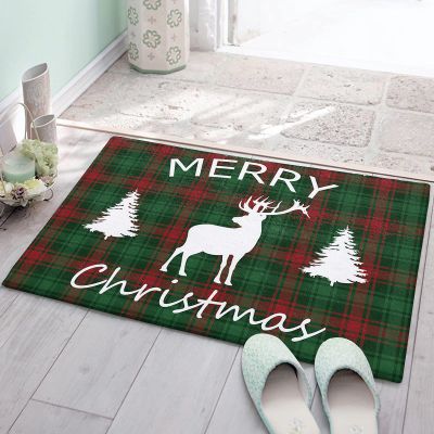 Bathroom Rug, Christmas Elk Reindeer Tree Silhouettes Red Green Plaid Tartan Bath Mat Non-Slip Water Absorbent Microfiber Soft Plush Shaggy Bath Rugs for Shower, Bedroom, Bathtubs 24" x 35"