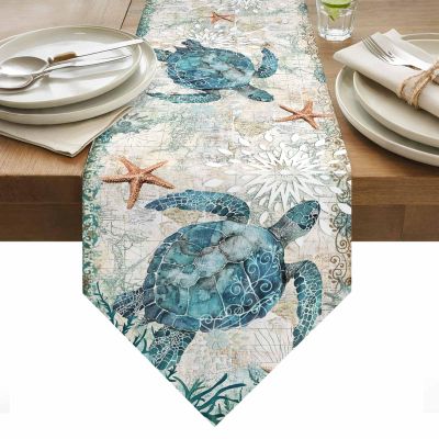 Summer Table Runners 14X48 Inches Long, Sea Turtle Ocean Animal Nautical Themed ,Cotton Linen Retro Tablecloths Holiday Party Table Decorations for Kitchen, Home, Dining, Indoor, Outdoor