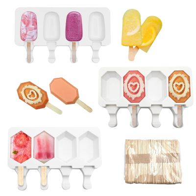 3 Pack Silicone Ice Cream Reusable Mold Set ,4 Cavities BPA Free Diamond Oval Ice Pop Maker Molds with 50 Wooden Sticks for DIY Ice Cream Popsicle or Cakesicle,For Kids & Adults (Popsicle Molds-C)