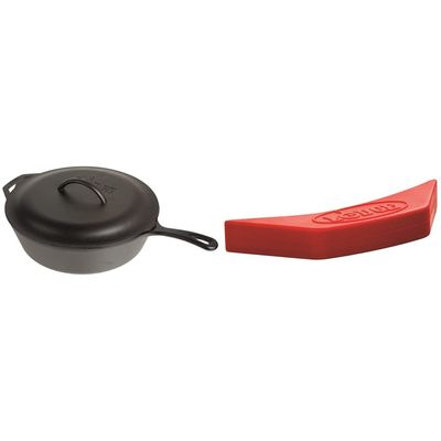 Lodge L10CF3 Cast Iron Covered Deep Skillet, Pre-Seasoned, 5-Quart & ASAHH41 Silicone Assist Handle Holder, Red