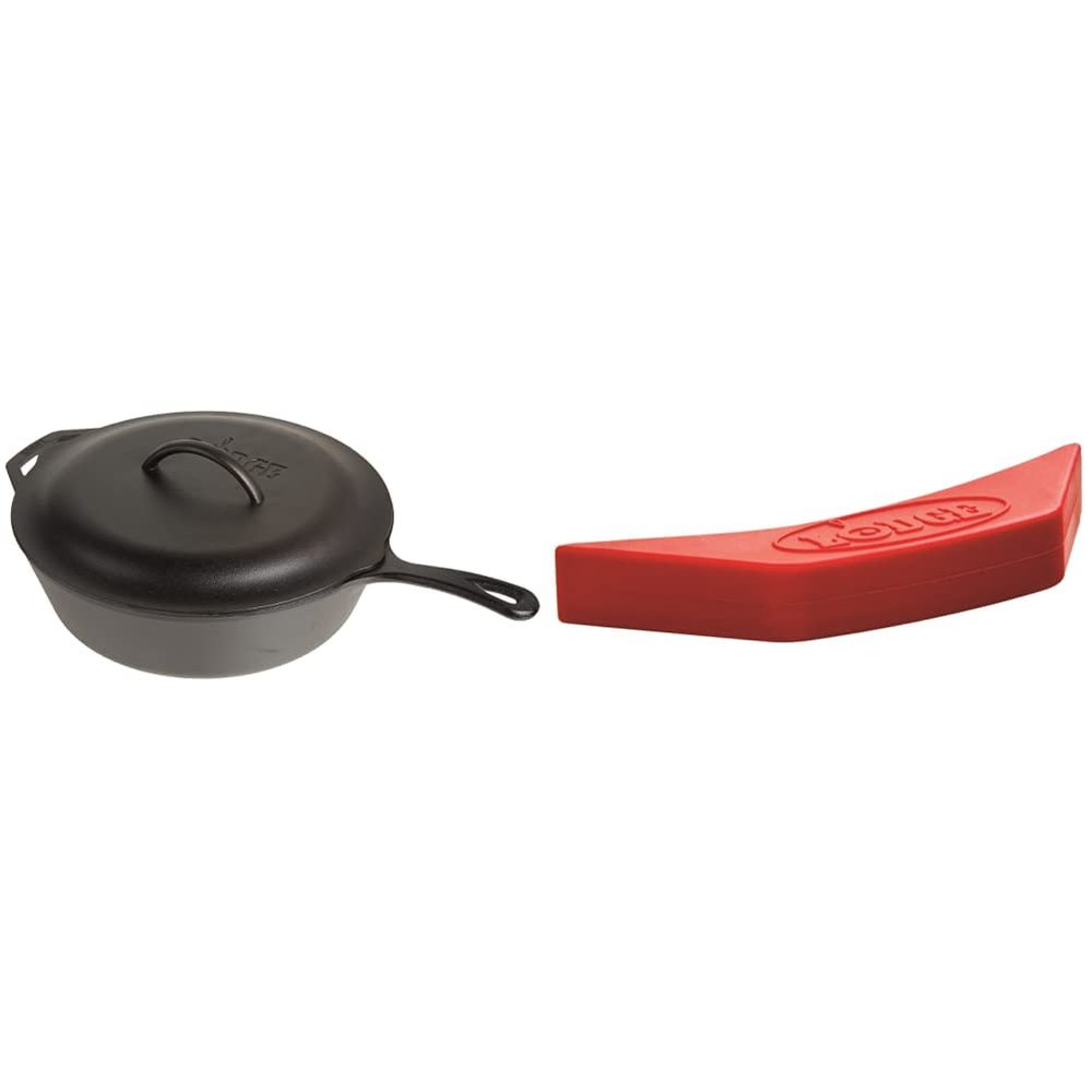 Lodge L10CF3 Cast Iron Covered Deep Skillet, Pre-Seasoned, 5-Quart & ASAHH41 Silicone Assist Handle Holder, Red