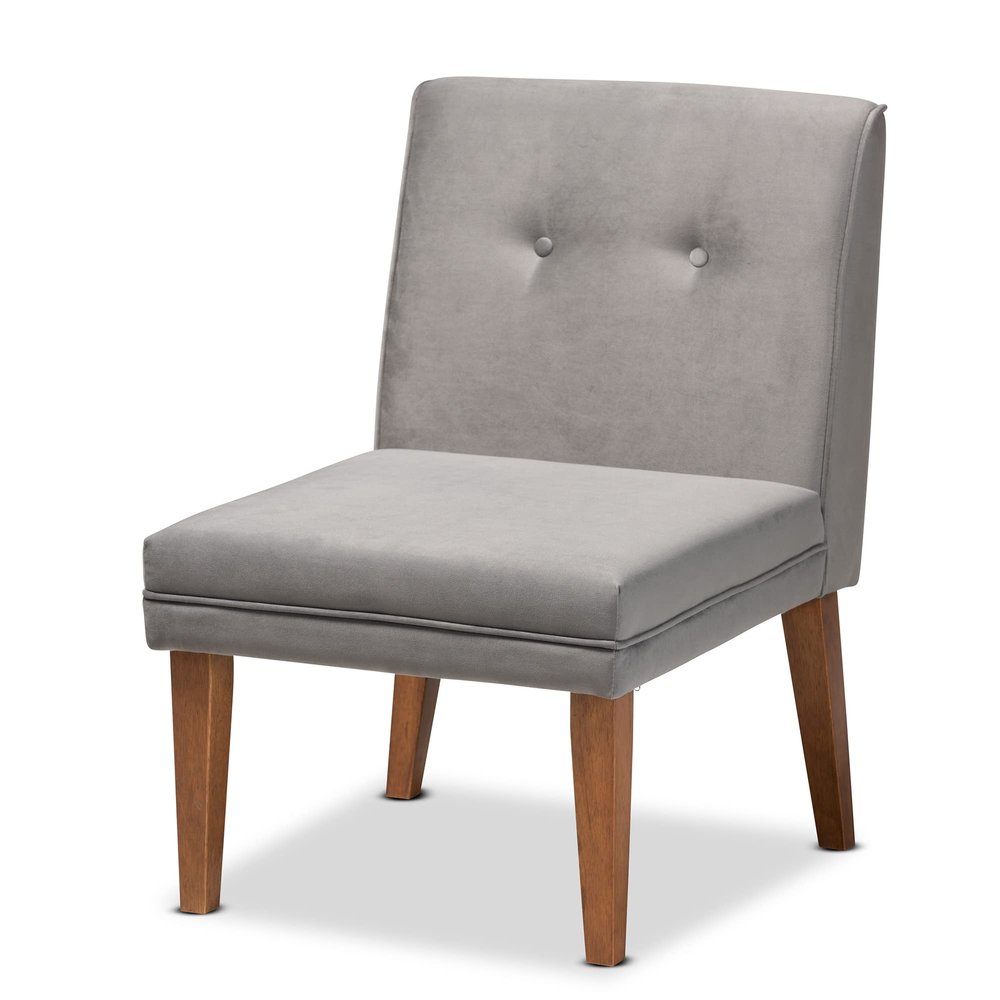 Baxton Studio Stewart Dining Chair Grey Velvet Upholstered and Walnut Brown Finished Wood Dining Chair