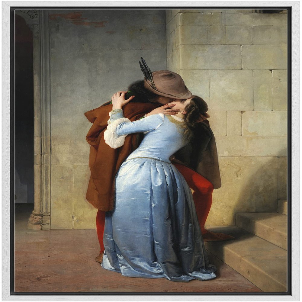 wall26 The Kiss (Il Bacio) by Francesco Hayez - Framed Canvas Print Wall Art Famous Painting Reproduction - 16"x24" White