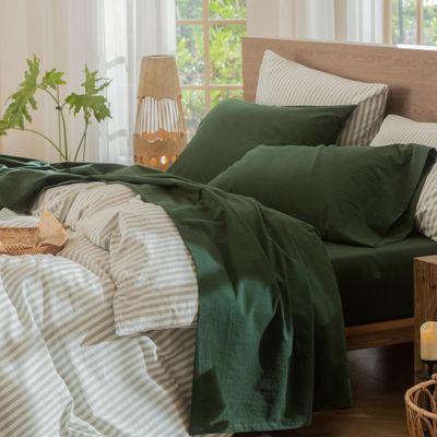 MooMee Bedding Sheet Set 100% Washed Cotton Linen Like Textured Breathable Durable Soft Comfy (Solid Forest Green, King)