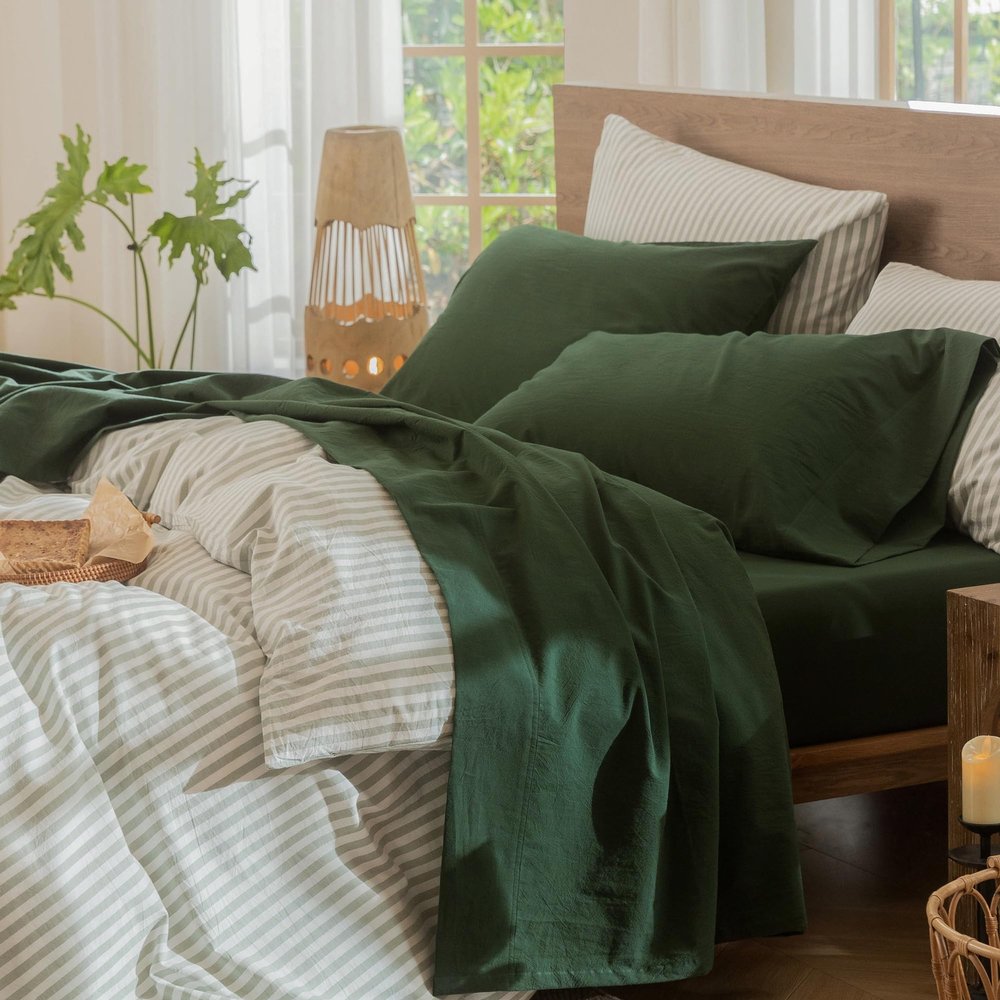 MooMee Bedding Sheet Set 100% Washed Cotton Linen Like Textured Breathable Durable Soft Comfy (Solid Forest Green, King)