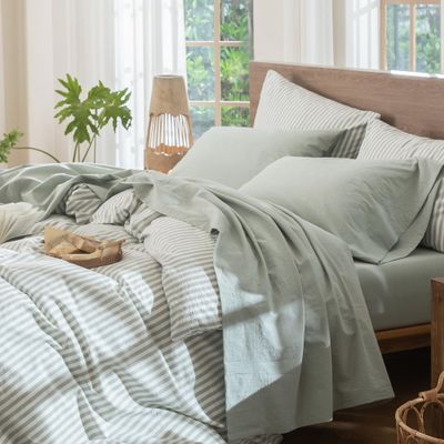 MooMee Bedding Sheet Set 100% Washed Cotton Linen Like Textured Breathable Durable Soft Comfy (Heathered Sage Green, Queen)