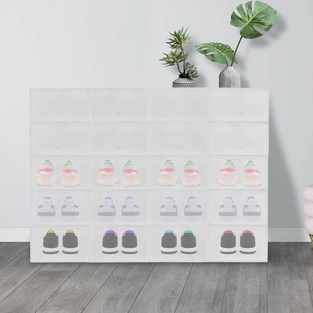 Fetcoi Shoe Boxes, Stackable Pack of Shoe Boxes, White Foldable Storage Box with Lid for Women/Men, Set of 20, 32.6x24x14cm