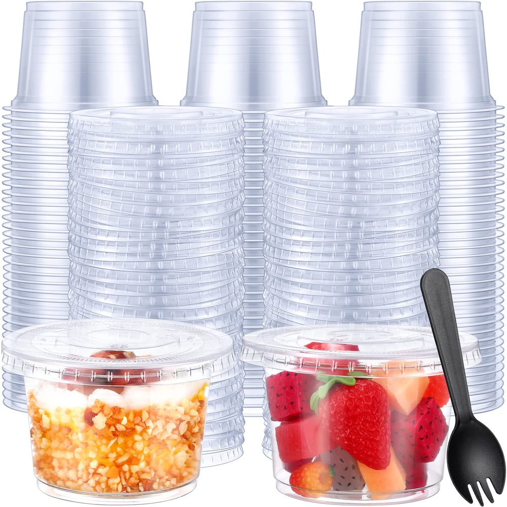 Suclain 100 Sets 8 oz Clear Dessert Cups with Lids and Sporks Disposable Plastic Parfait Yogurt Cups with Lids for Food Ice Cream Dessert Snack Fruit wedding birthday Party Serving(Flat Lid)