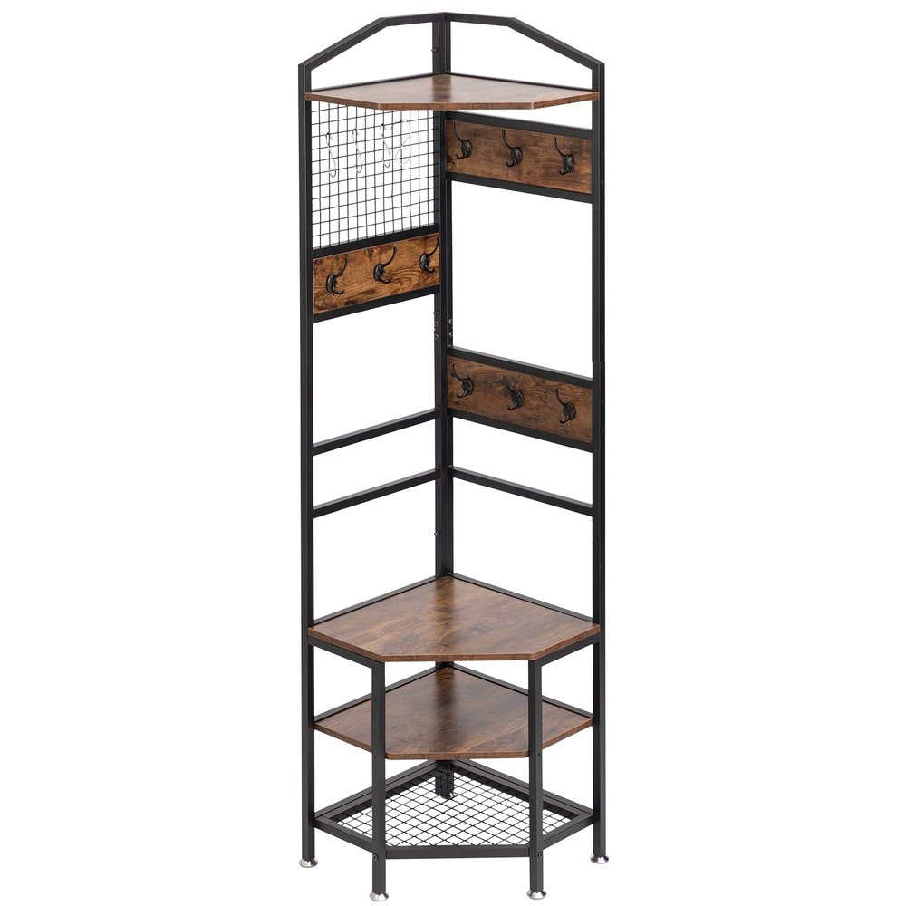 DOEWORKS 4-Tier Corner Industrial Hall Tree, Freestanding Entryway Coat Storage Rack with Hooks and Wooden Storage Shelves, Black