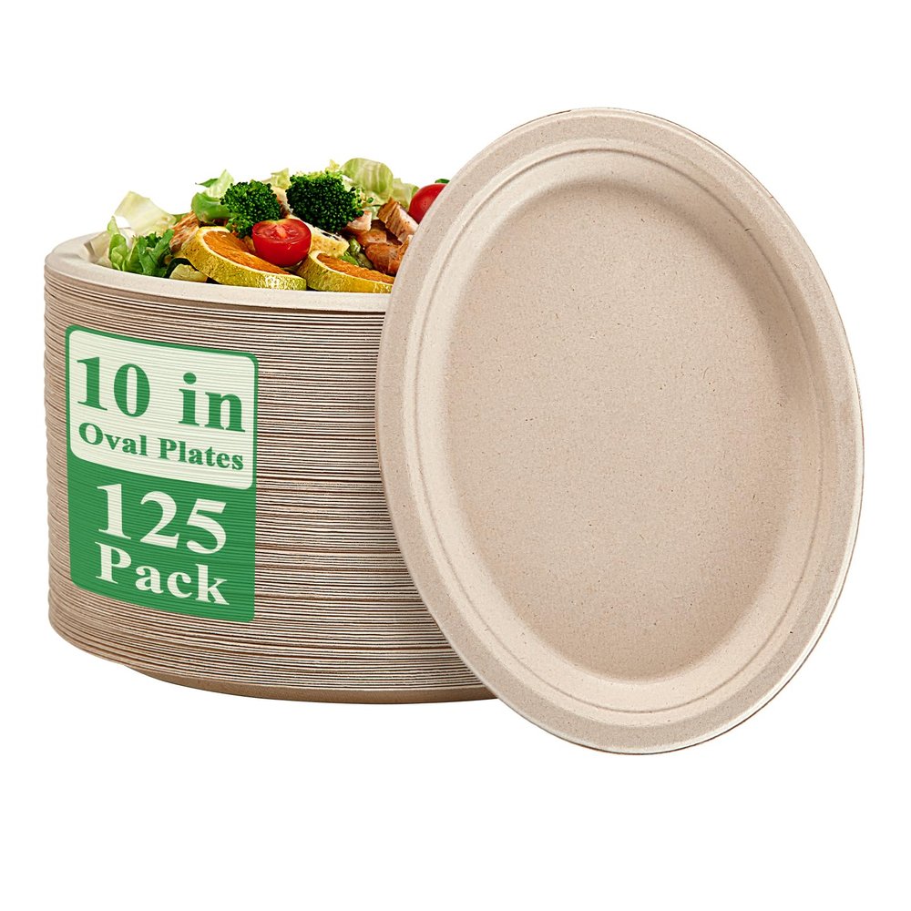 Vplus 100% Compostable Oval Paper Plates 10 inch 125 Pack Super Strong Disposable Paper Plates Bagasse Natural Biodegradable Eco-Friendly Sugarcane for BBQ, Party, Gathering, and Picnic