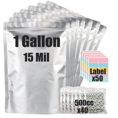 30pcs 1 Gallon Mylar Bags for Food Storage (15 Mil Extra Thick 7.5 Mil Each Side) with Oxygen Absorbers 500CC (40pcs), 10"x14" Heat Sealable Zipper Mylar Bags for Long Term Food Storage