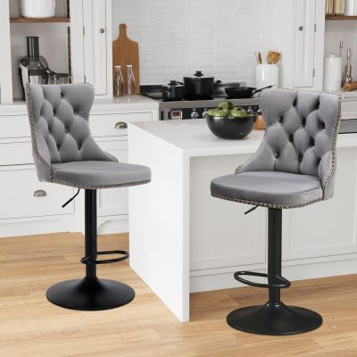 Aoowow Swivel Bar Stools Set of 2,Adjustable Barstools with Back Velvet Tufted Counter Stool Modern Upholstered Bar Chairs with Nailhead for Kitchen Island Restaurant Pub Counter (Gray-Black)