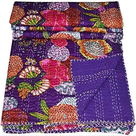 Rajasthaniartdecor Indian Reversible Kantha Quilt for Living Dorm Room Bed Cover Handmade Stitched Pure Cotton Fruit Print Bedspread Kantha Quilt