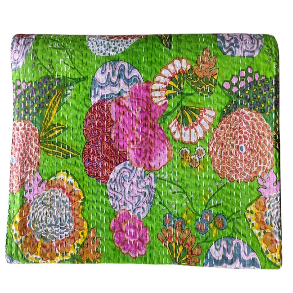 Rajasthaniartdecor Indian Reversible Kantha Quilt for Living Dorm Room Bed Cover Handmade Stitched Pure Cotton Fruit Print Bedspread Kantha Quilt