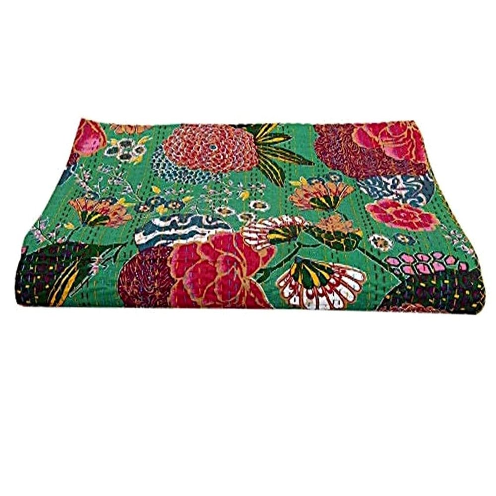Rajasthaniartdecor Indian Reversible Kantha Quilt for Living Dorm Room Bed Cover Handmade Stitched Pure Cotton Fruit Print Bedspread Kantha Quilt