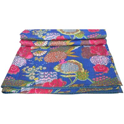 Rajasthaniartdecor Indian Reversible Kantha Quilt for Living Dorm Room Bed Cover Handmade Stitched Pure Cotton Fruit Print Bedspread Kantha Quilt