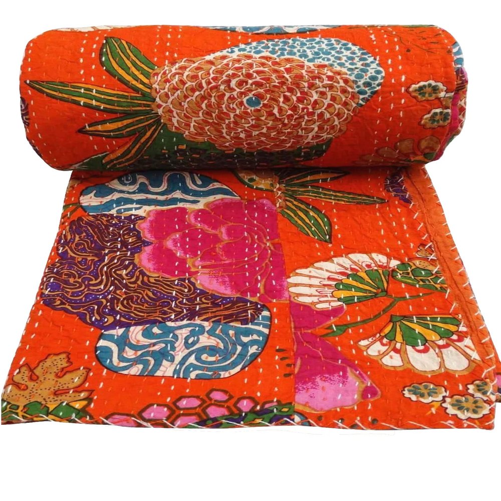 Rajasthaniartdecor Indian Reversible Kantha Quilt for Living Dorm Room Bed Cover Handmade Stitched Pure Cotton Fruit Print Bedspread Kantha Quilt