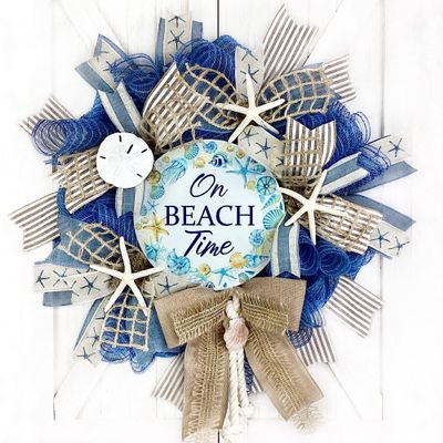 Beautiful Blue Burlap On Beach Time Coastal Wreath for Front Door Decorations with Starfish & Sand Dollar