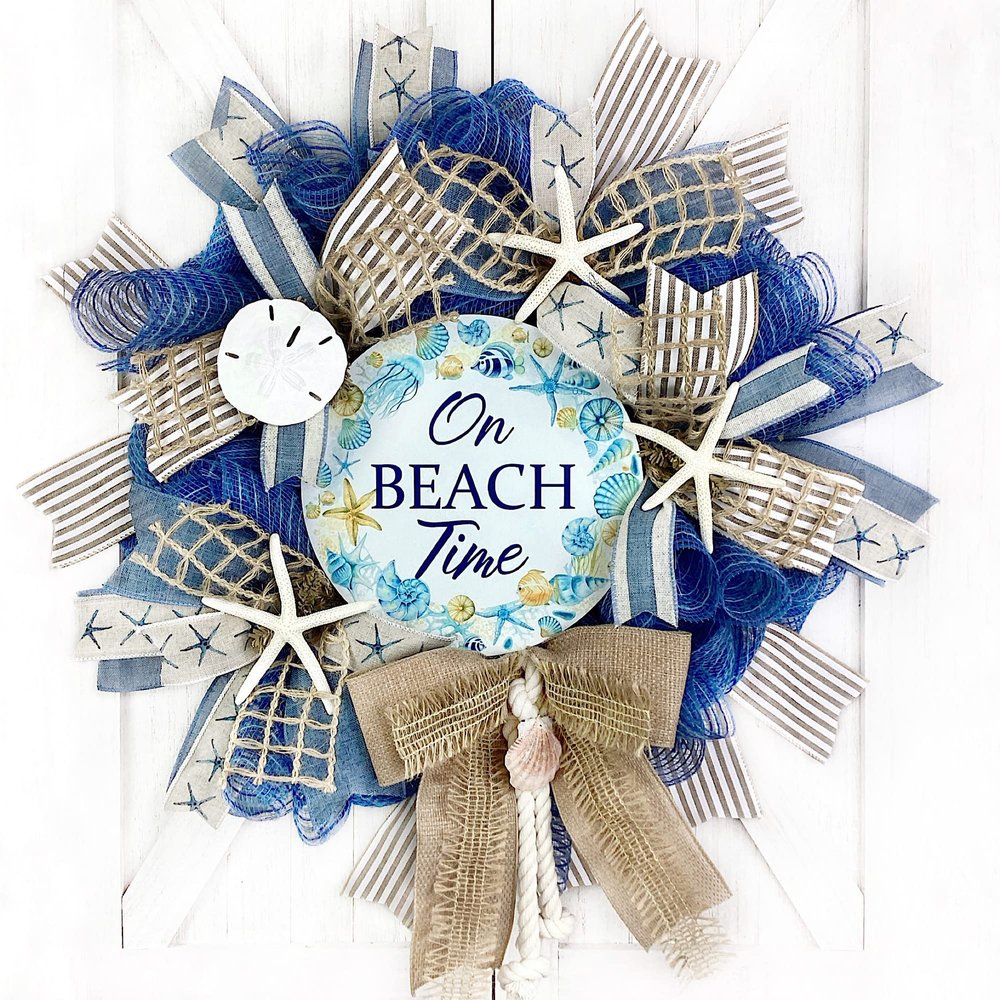 Beautiful Blue Burlap On Beach Time Coastal Wreath for Front Door Decorations with Starfish & Sand Dollar
