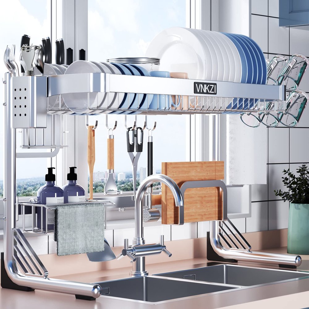 VNKZI Over Sink Dish Drying Rack, 2 Tier Full Stainless Steel Storage Adjustable Length (25.98'' to 36.61'') Kitchen Rack, Multifunctional Expandable Counter Organizer, Space Saver Dish Rack