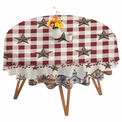Falaniique Round Country Primitive Barn Star Tablecloth Waterproof 54 in, Rustic Farm Family Buffalo Check Table Cloth Cover for Fall Baby Shower Christmas Wedding Party