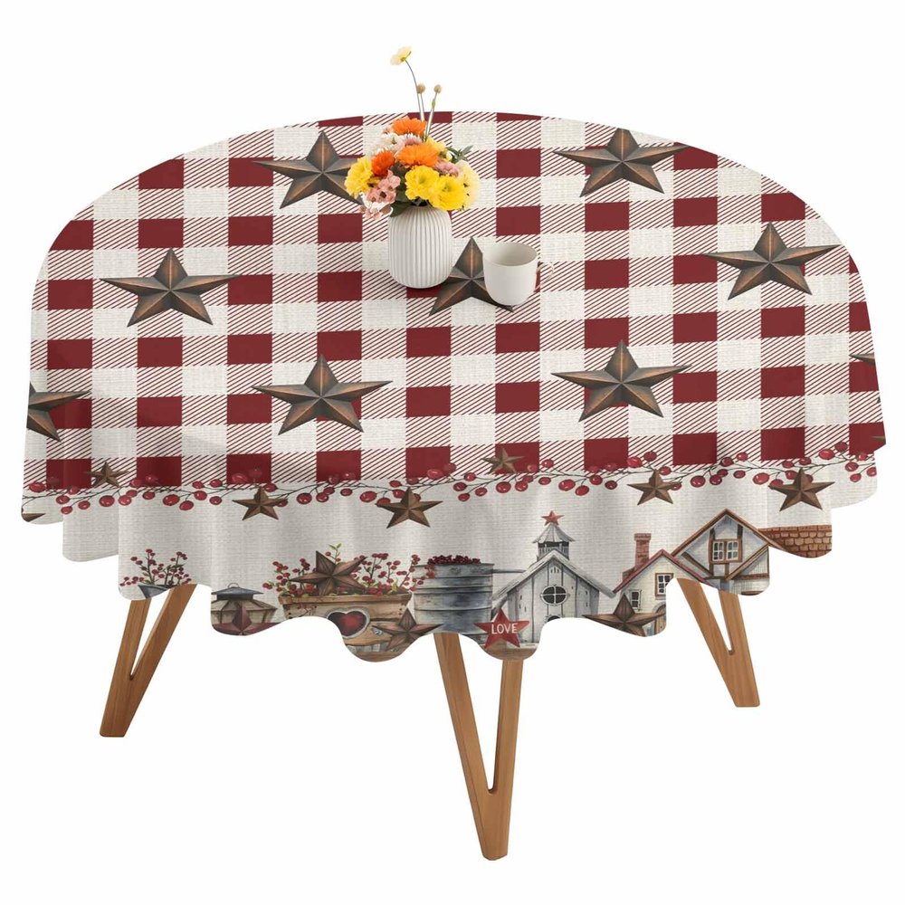 Falaniique Round Country Primitive Barn Star Tablecloth Waterproof 54 in, Rustic Farm Family Buffalo Check Table Cloth Cover for Fall Baby Shower Christmas Wedding Party