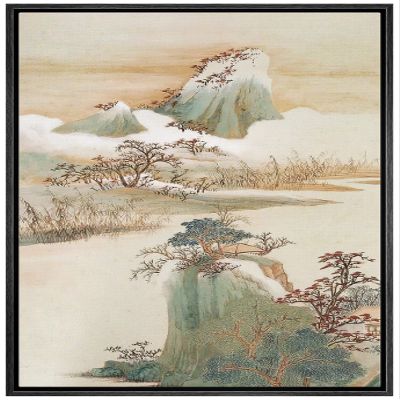 NWT Framed Canvas Print Wall Art Japanese Pastel Jungle Mountain Nature Wilderness Illustrations Modern Art Decorative Landscape Rustic Zen Colorful for Living Room, Bedroom, Office - 16"x24" Black
