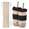 Amyoole 2 Pack Reusable Boba Cup,24Oz Wide Mouth Smoothie Cup,mason Jar Glass Cups with Lids and Straws,Bubble/Boba Tea Cups,Ice Coffee Tumbler 2 colored straws 1 sponge brush(Black) view 1