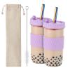 Amyoole 2 Pack Reusable Boba Cup,24Oz Wide Mouth Smoothie Cup,mason Jar Glass Cups with Lids and Straws,Bubble/Boba Tea Cups,Ice Coffee Tumbler 2 colored straws 1 sponge brush(Purple) view 1