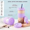 Amyoole 2 Pack Reusable Boba Cup,24Oz Wide Mouth Smoothie Cup,mason Jar Glass Cups with Lids and Straws,Bubble/Boba Tea Cups,Ice Coffee Tumbler 2 colored straws 1 sponge brush(Purple) view 4