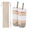 Amyoole 2 Pack Reusable Boba Cup,24Oz Wide Mouth Smoothie Cup,mason Jar Glass Cups with Lids and Straws,Bubble/Boba Tea Cups,Ice Coffee Tumbler 2 colored straws 1 sponge brush(White) view 1