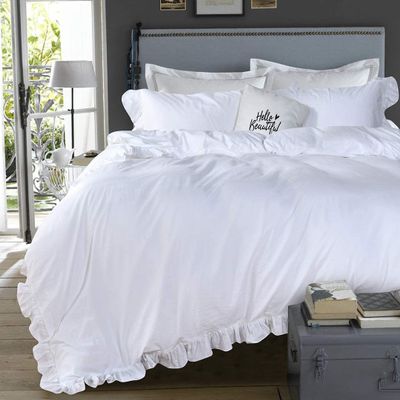 3pc Duvet Cover Set 100% Egyptian Cotton 1000-TC Zipper & Corner Ties Rectangle Pattern Decorative (Oversized King Plus 120x128, Edge Ruffle White Duvet Set)
