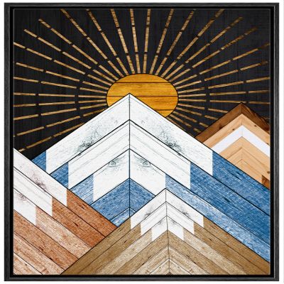 wall26 Framed Canvas Print Wall Art Western Decor Wood Panel Shining Sun Mountain Range Nature Wilderness Digital Art Modern Art Southwest Decorative for Living Room, Bedroom, Office - 16"x24" Black