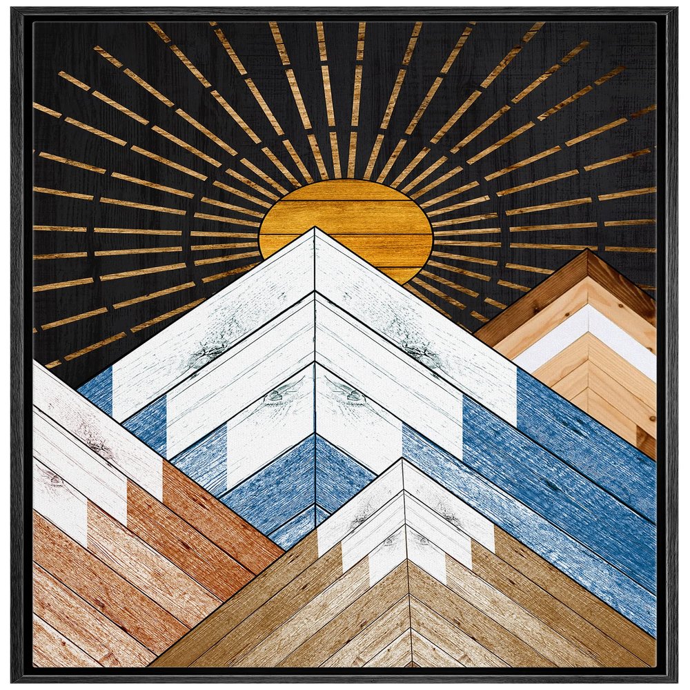 wall26 Framed Canvas Print Wall Art Western Decor Wood Panel Shining Sun Mountain Range Nature Wilderness Digital Art Modern Art Southwest Decorative for Living Room, Bedroom, Office - 16"x24" Black
