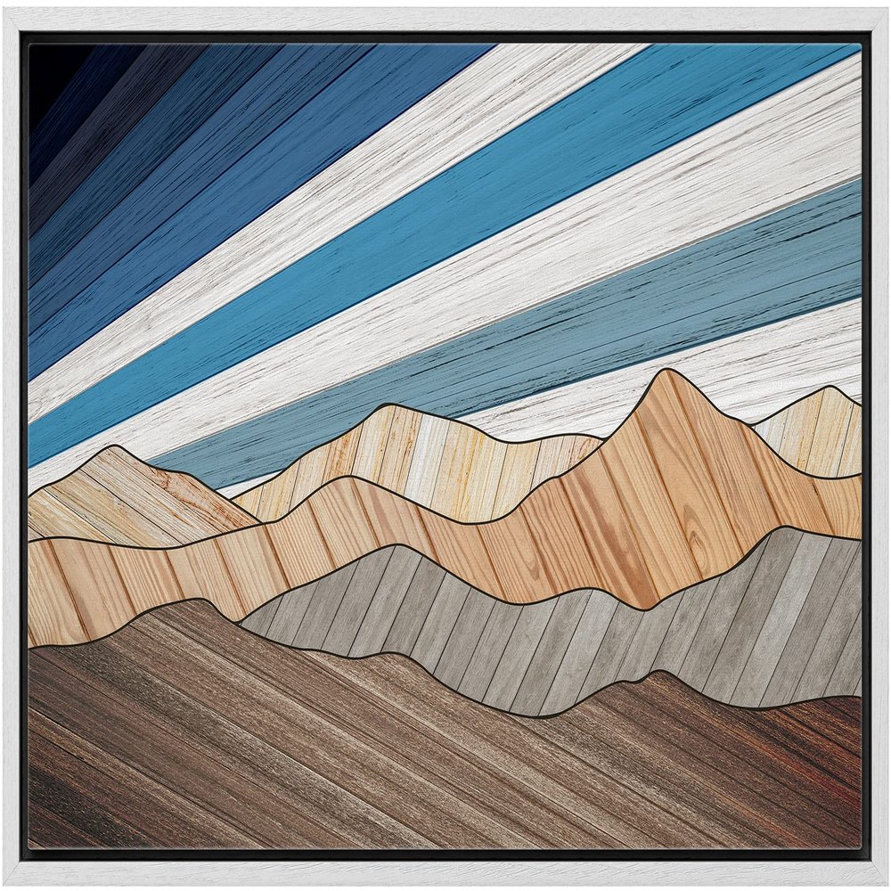 wall26 Framed Canvas Print Wall Art Western Decor Vibrant Blue Stripe Sky Mountain Range Nature Wilderness Digital Art Modern Art Southwest Decorative for Living Room, Bedroom, Office - 16"x24" White