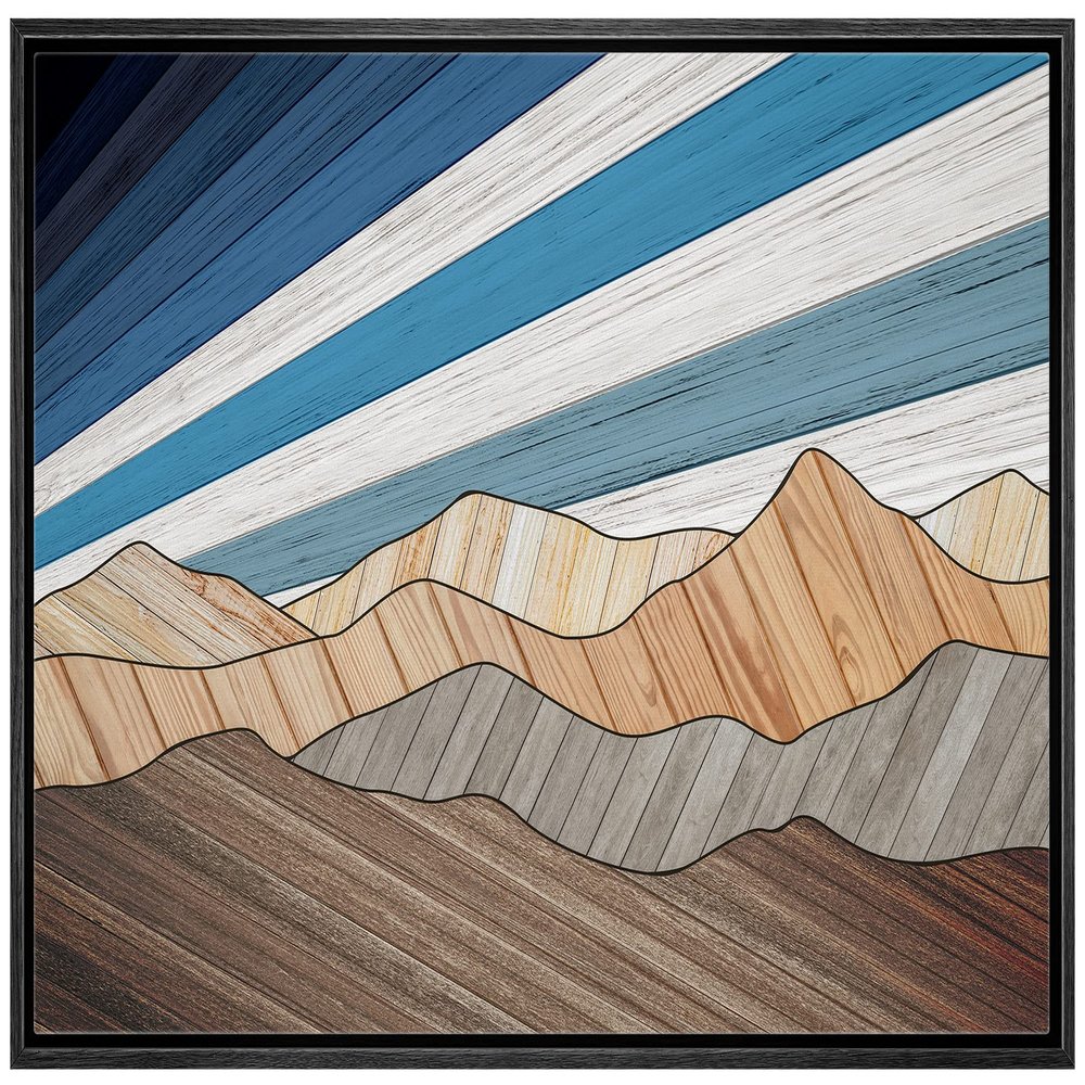 wall26 Framed Canvas Print Wall Art Western Decor Vibrant Blue Stripe Sky Mountain Range Nature Wilderness Digital Art Modern Art Southwest Decorative for Living Room, Bedroom, Office - 16"x24" Black