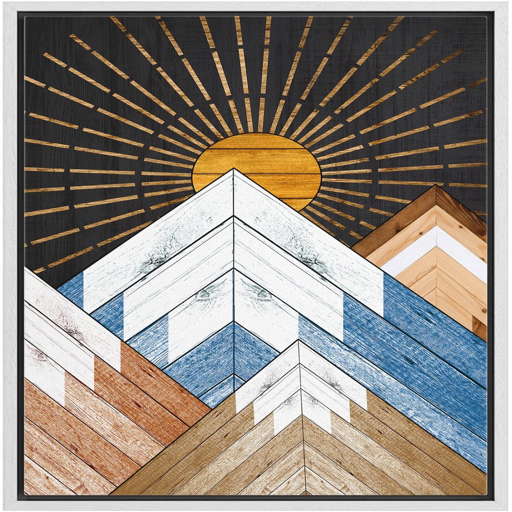 wall26 Framed Canvas Print Wall Art Western Decor Wood Panel Shining Sun Mountain Range Nature Wilderness Digital Art Modern Art Southwest Decorative for Living Room, Bedroom, Office - 16"x24" White