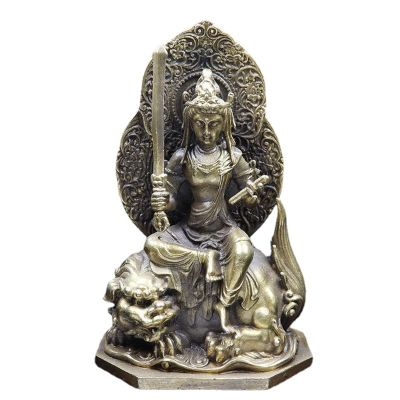 Antique Copper Tibetan Buddhism Holding Sword Manjushri Bodhisattva Buddha,Riding Mythical Beast Statue Crafts Desktop Ornaments