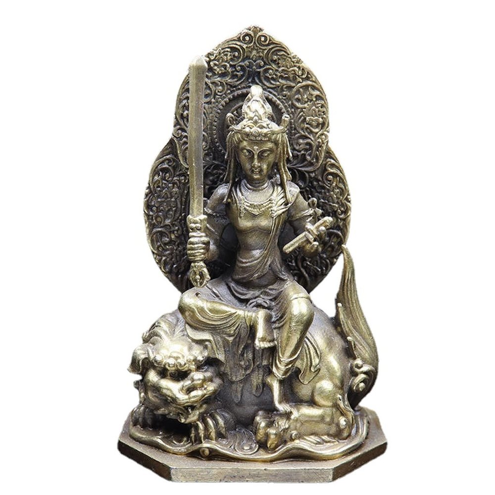 Antique Copper Tibetan Buddhism Holding Sword Manjushri Bodhisattva Buddha,Riding Mythical Beast Statue Crafts Desktop Ornaments