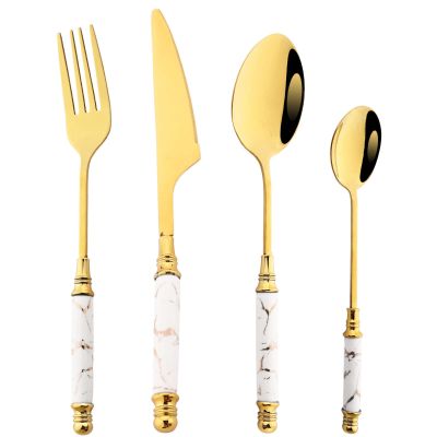 BRIIEC 24pcs Gold Silverware Set With Creative Imitation Ceramics Handle.Gold Plated Stainless Steel Flatware Cutlery Set, Service for 6 for Party, Home, Wedding - Mirror White Gold