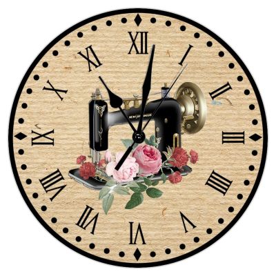 Flower Sewing Machine Wood Wall Clock 15inch Craft Room Decor Wall Clock Seamstress Sewing Lovers Gift Wall Clocks Retro Rustic Style Quality Quartz Silent Hanging Wall Clocks for Laundry Room
